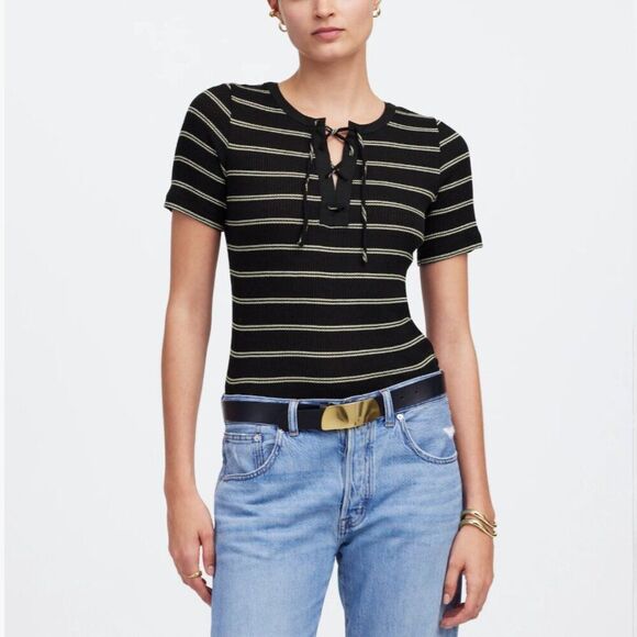 Madewell NU772 Black and white stripe Ribbed Lace-Up Short-Sleeve Tee NWT size x - Picture 1 of 10